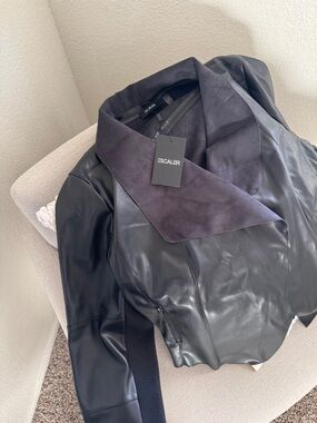 Escalier Women's Black Leather Jacket with Suede Shawl Collar